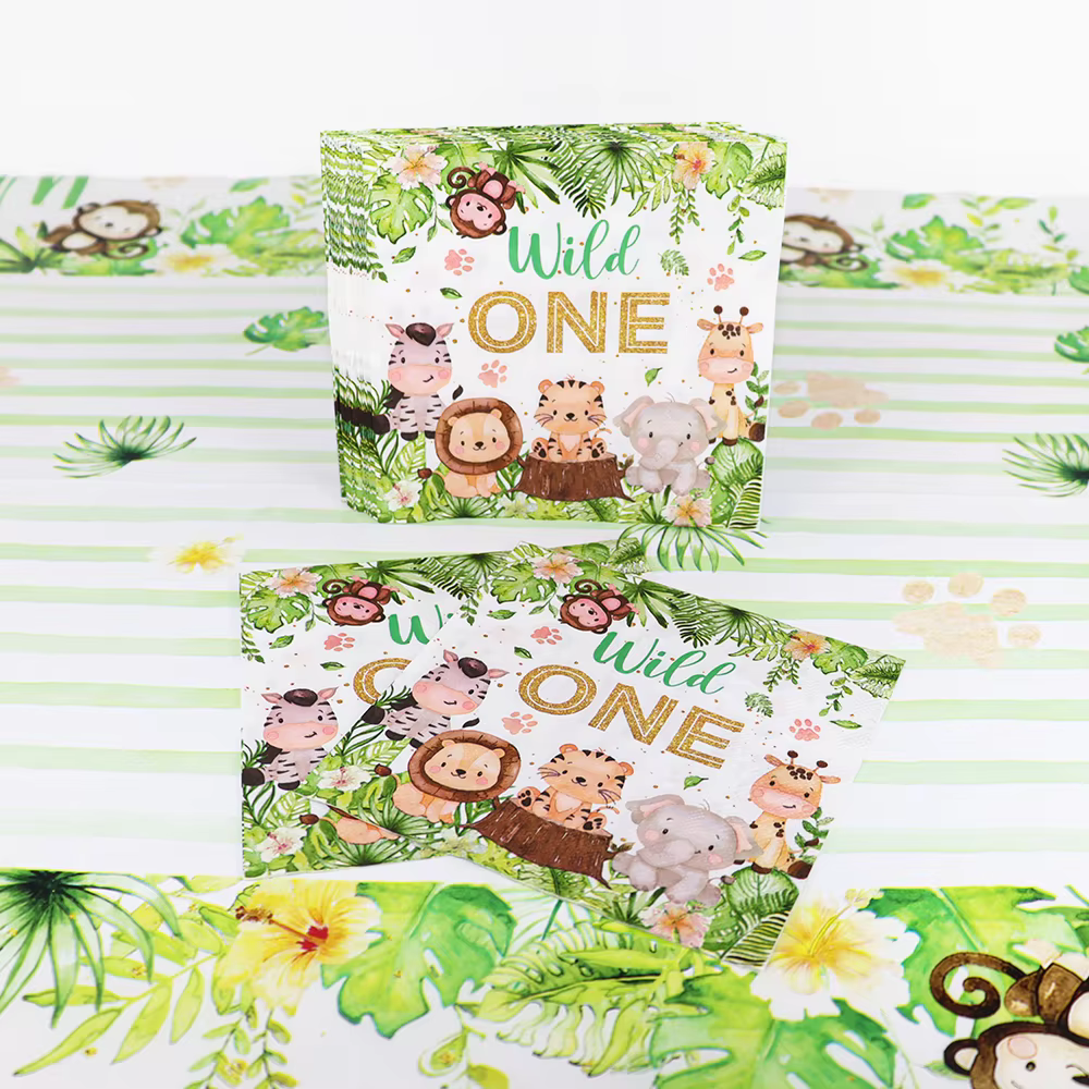 Décorations de fête d'anniversaire de la forêt et de la Jungle, ensemble de nappe avec animaux sauvages, fournitures de fête d'anniversaire pour Safari dans la forêt