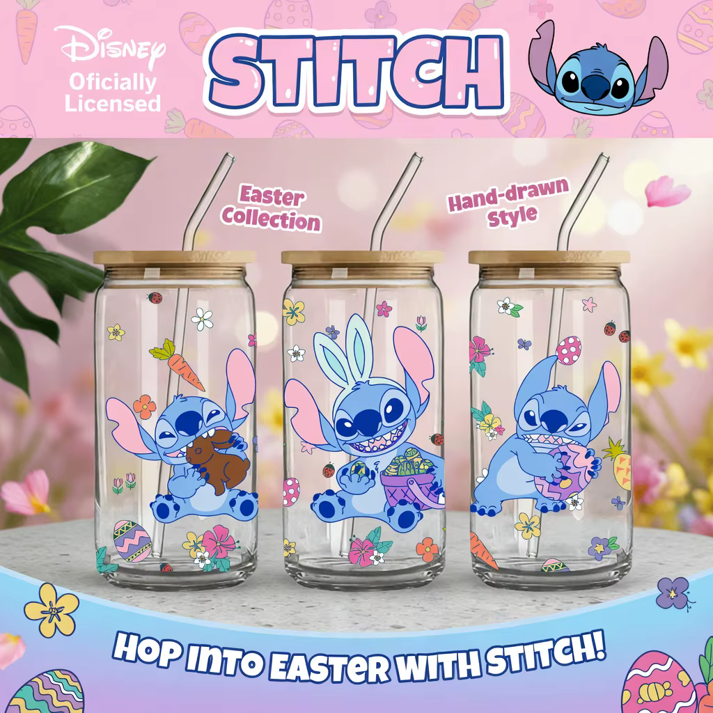1 pièce Gobelet en verre borosilicate Disney Stitch Pâques de 16 oz avec couvercle et paille