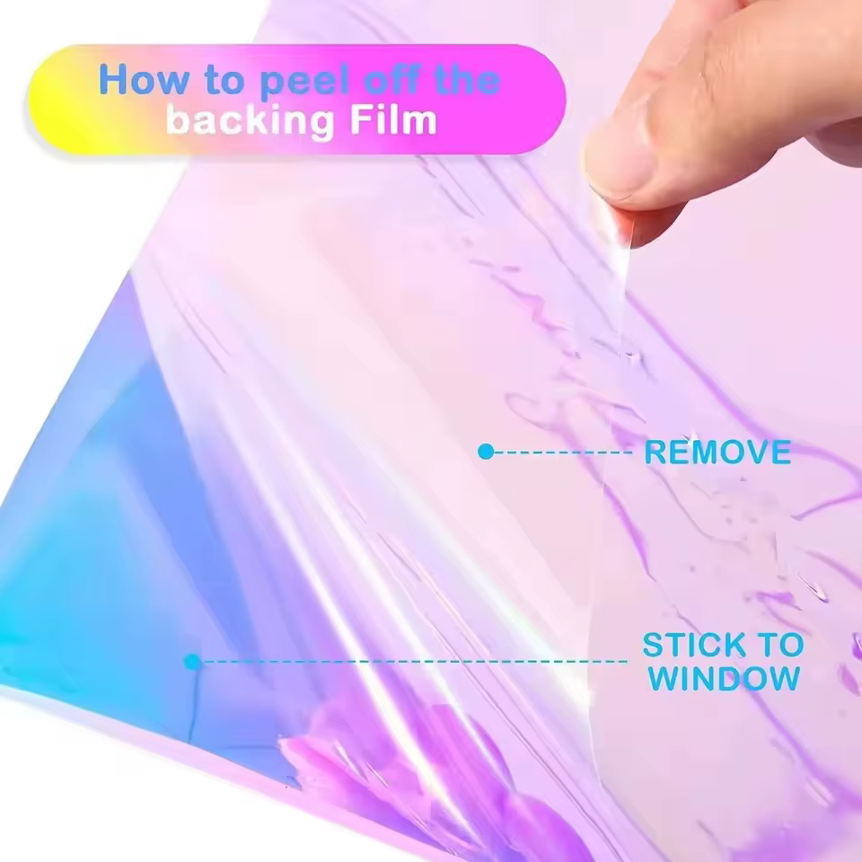 Teinte de fenêtre en verre de bâtiment dichroïque caméléon, Film décoratif coloré découpé UV pour centre commercial et bureau, vitrail auto-adhésif
