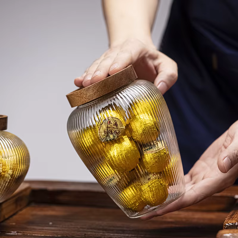 Bocal de rangement en verre avec couvercle en bois d'acacia