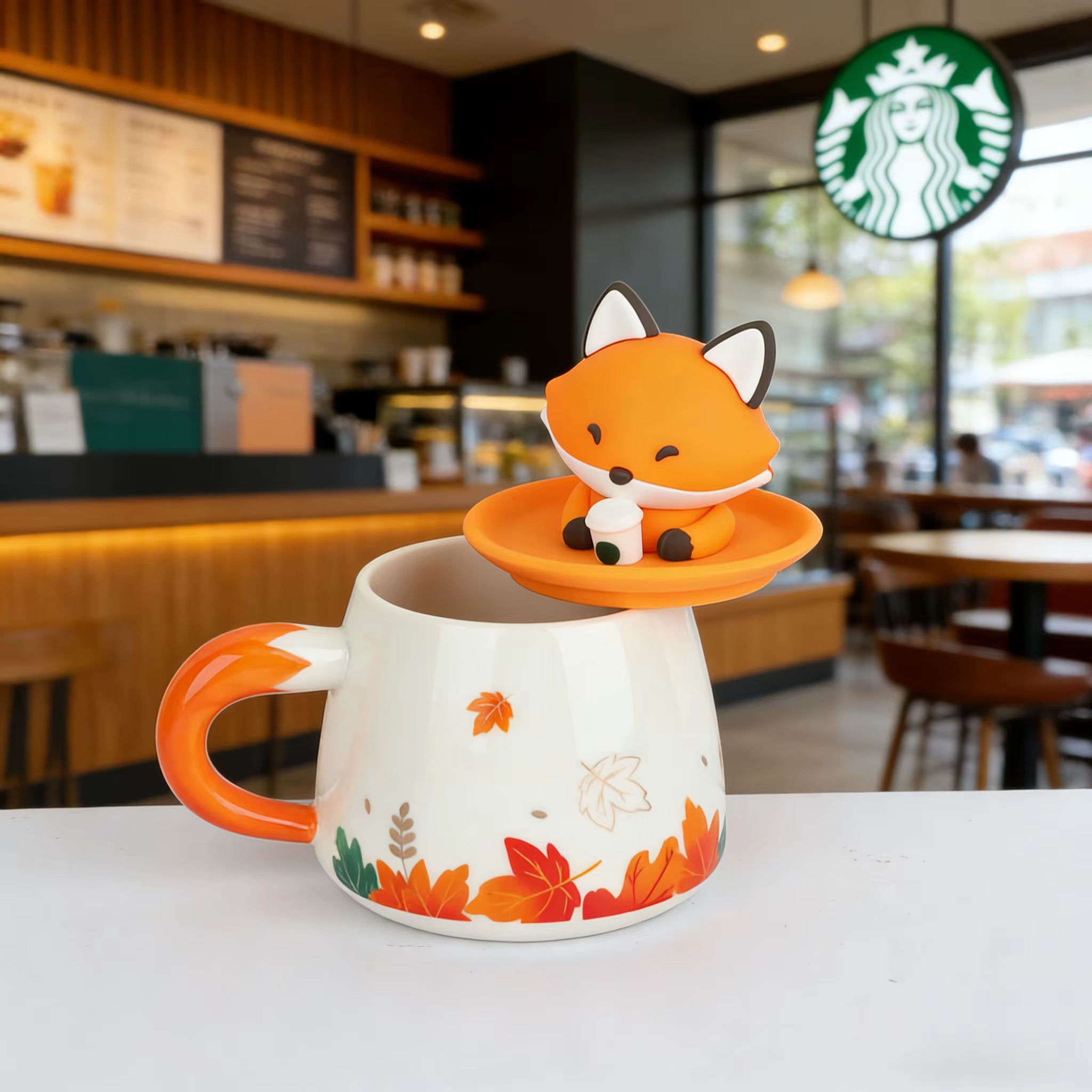 Tasse Starbucks Autumn Forest Cute Fox 300ml en céramique avec motif feuille d'érable pour café et eau