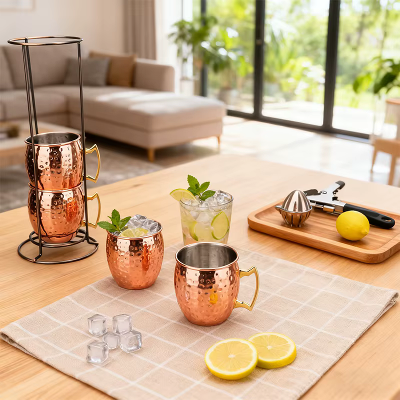Ensemble de 4 tasses Moscow Mule de 500 ml avec support en fer
