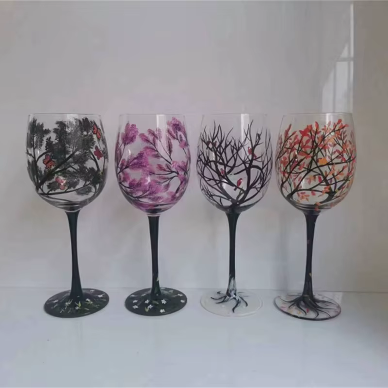 Verre à vin arbre quatre saisons, gobelets peints à la main, verre à pied haut unique, tasse, verrerie pour la famille, les amis, drop sunshine