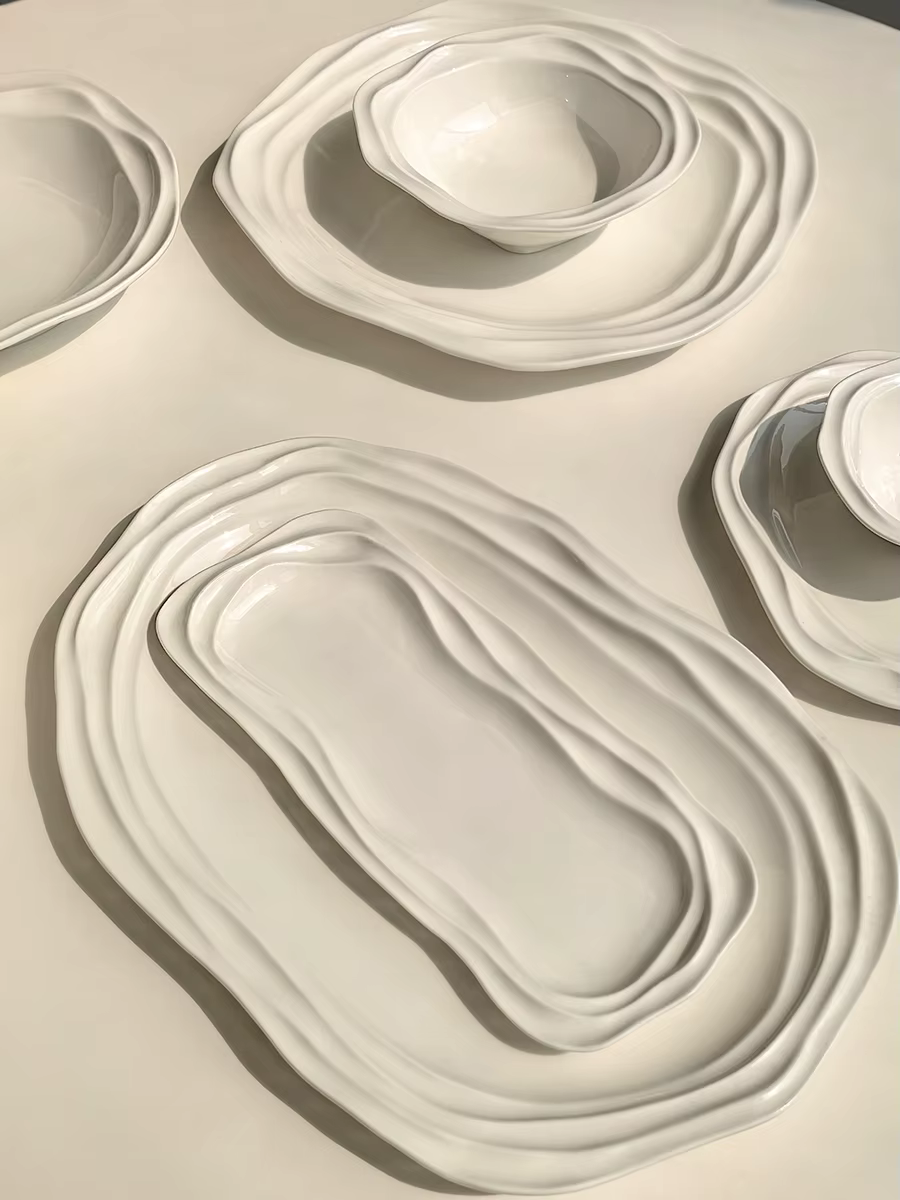 Assiettes ovales en céramique à motif ondulé français – Vaisselle de 12/10/8 pouces pour la maison