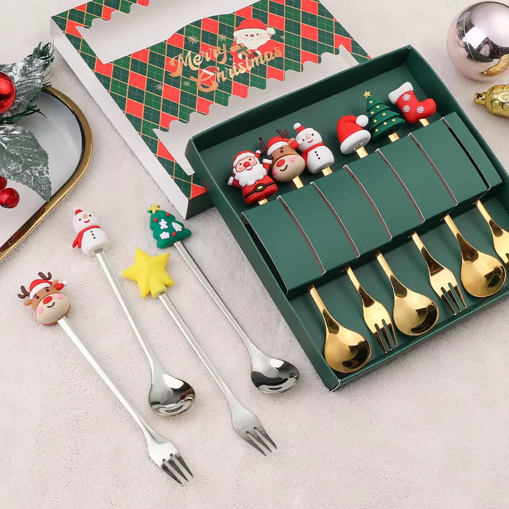 4 pièces/ensemble cadeau de noël or argent cuillère fourchette ensemble wapiti arbre