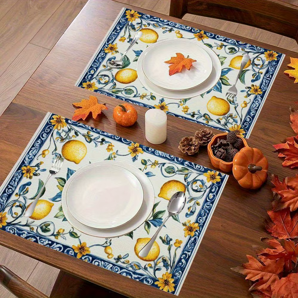 Napperons italiens au citron – Design citron jaune vif sur bleu et blanc
