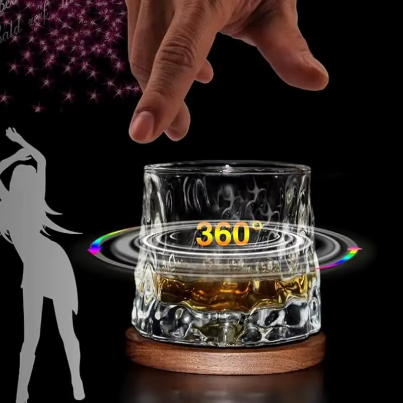 Verre à whisky rotatif avec Base en bois