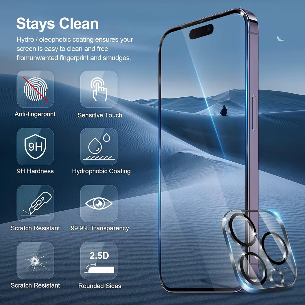 HD verre trempé pour iPhone 16 15 17 14 13 12 11 Pro Max Protection d'écran iPhone15 Pro Film d'objectif d'appareil photo pour iPhone16 Plus 13 Mini Glass