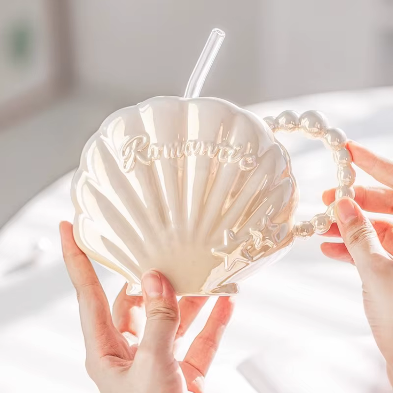 Tasse en céramique de coquille de perle haut de gamme avec paille