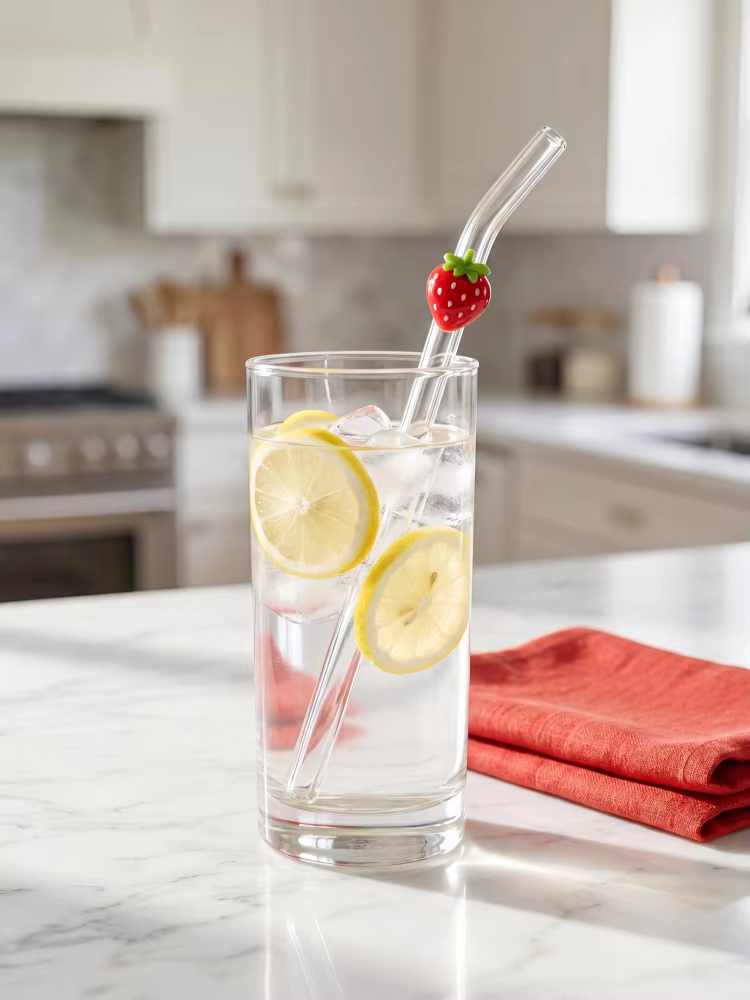 Pailles en verre courbées rouge fraise (1/3/6 pièces) pour boissons chaudes et froides, fournitures de cuisine, décoration de camping, cadeau de vacances et accessoire photo