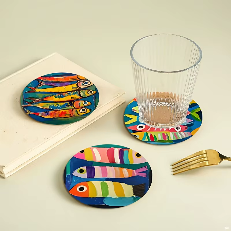 Dessous de verre circulaire en bois coloré 2D