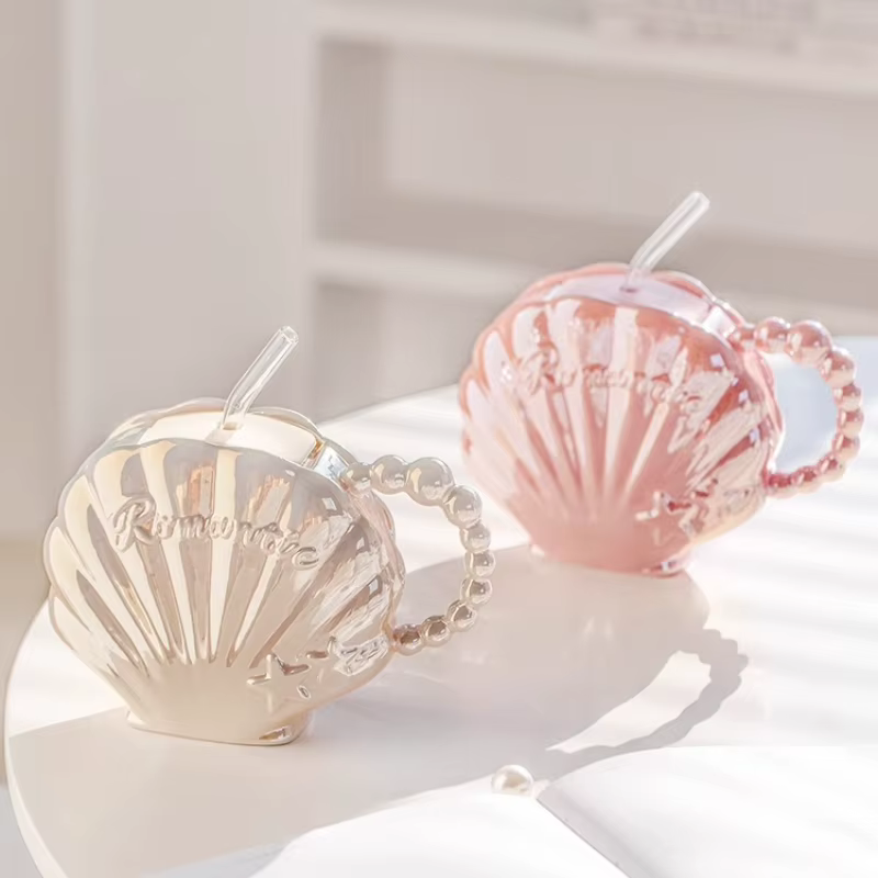 Tasse en céramique de coquille de perle haut de gamme avec paille