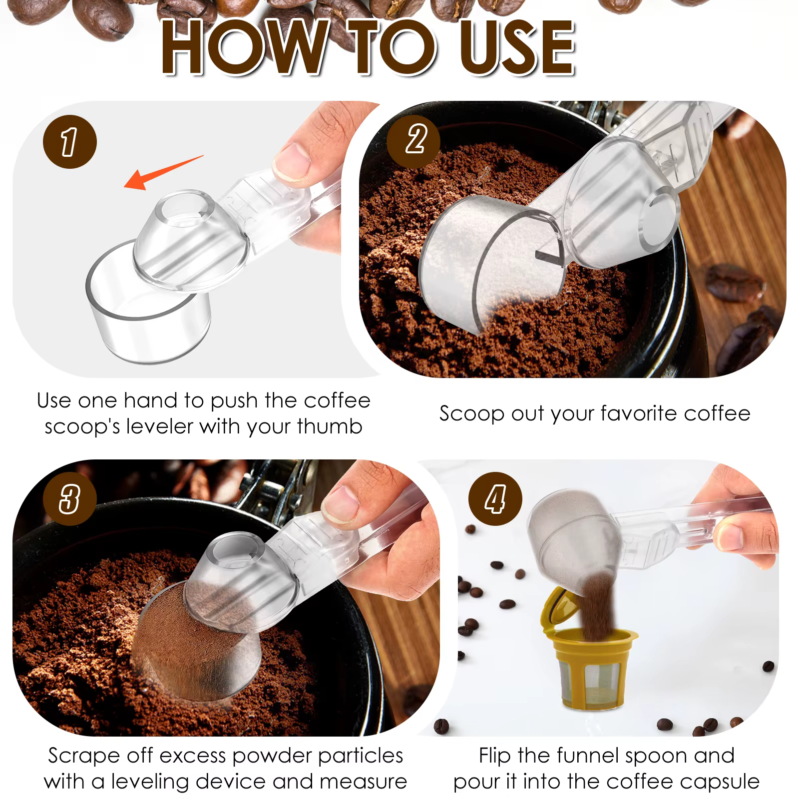 Lot de 4 cuillères à café avec entonnoir pour dosettes de café rechargeables K-Cup, cuillère doseuse de 30 ml avec niveleur coulissant pour café, poudre de protéines