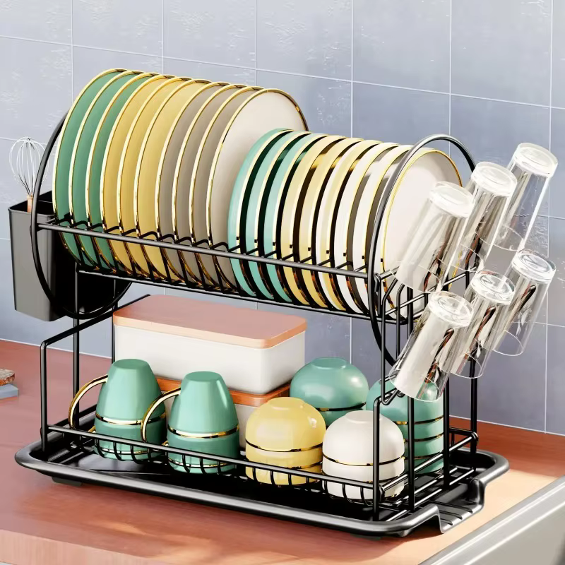 Égouttoir à vaisselle à 2 niveaux avec plateau de drainage, égouttoir à vaisselle, support de rangement pour comptoir de cuisine, porte-gobelets, porte-couteaux et porte-fourchettes