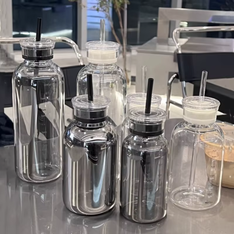 Grande bouteille d'eau en verre avec paille de 300/500/750ml