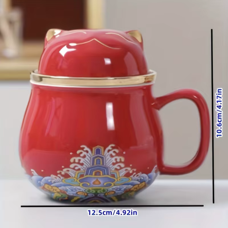 Tasse de bureau en céramique Lucky Cat avec filtre à thé et couvercle