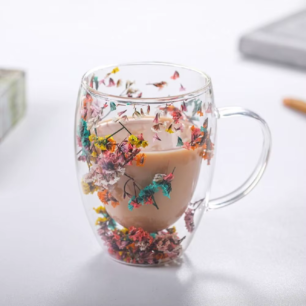 Tasse à café en verre à fleurs à Double paroi de 300ML