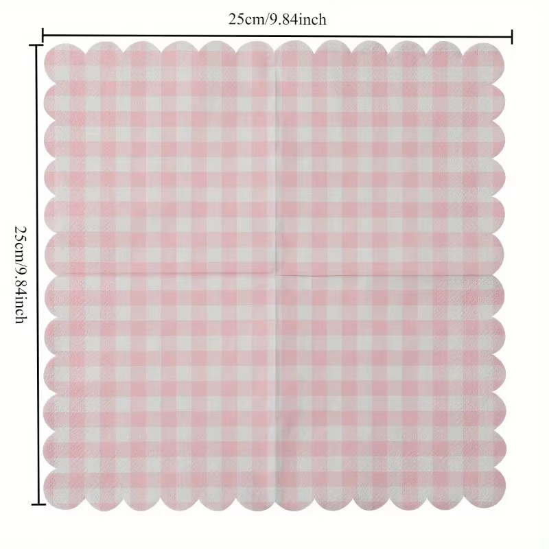 100 pièces serviettes festonnées à carreaux rose clair pliées 5x5 pouces