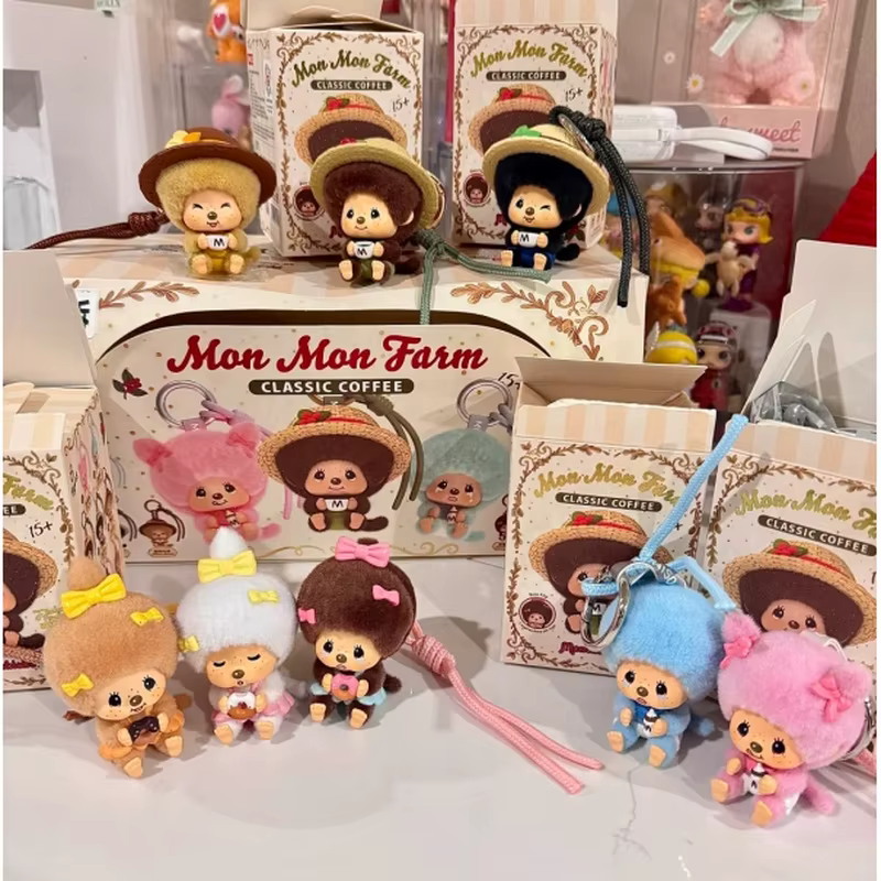 Nouvelle collection originale en stock : Figurine Monchhichi mignonne de la série Ferme du Café, boîte mystère à visage changeant, pendentif, ornement de bureau, jouets, cadeaux