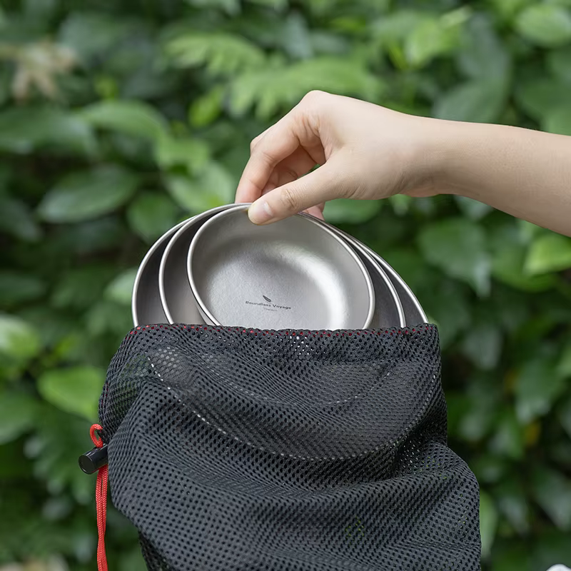 Boundless Voyage – Ensemble de 3 assiettes et bols de camping en titane ultraléger avec sac en filet – Vaisselle et