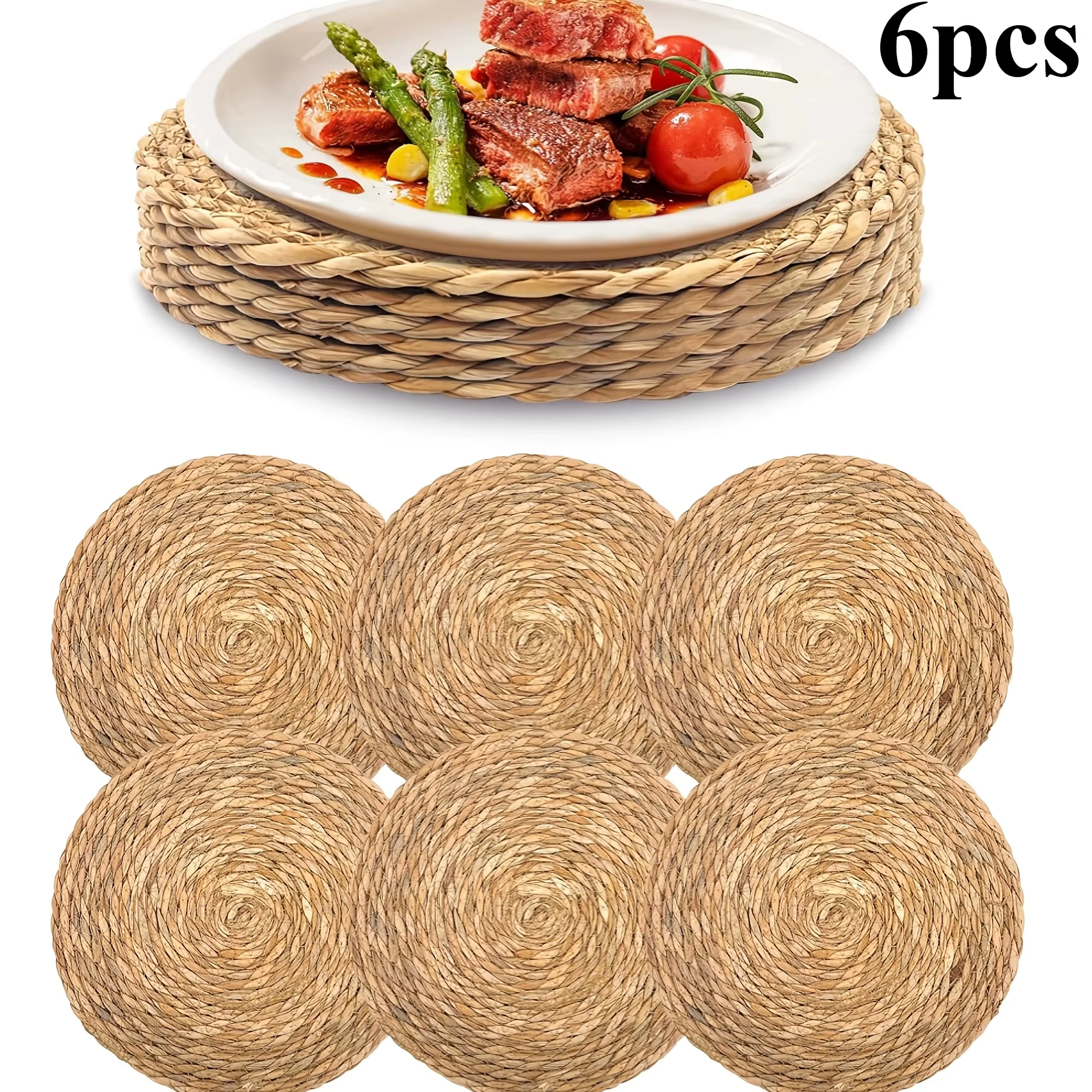 Napperons en rotin tissés à la main de 6 pièces – tapis de table ronds tissés