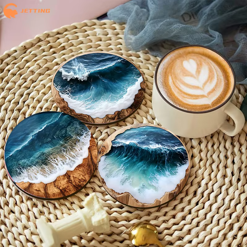 Ensemble de sous-verres et napperons ronds en bois bleu océan