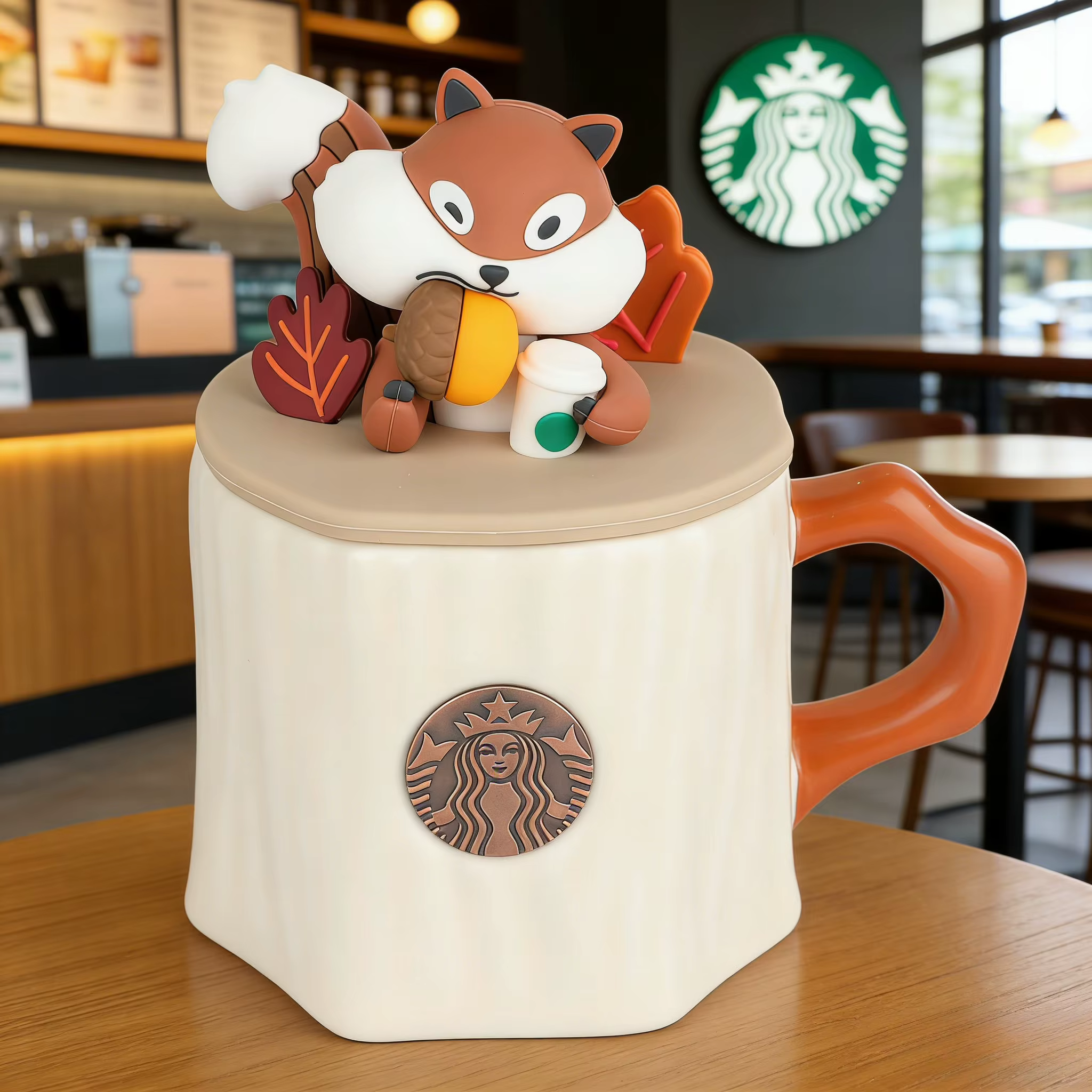 Tasse à café Starbucks en céramique en forme d'écureuil d'automne avec couvercle anti-poussière en bois pour bureau