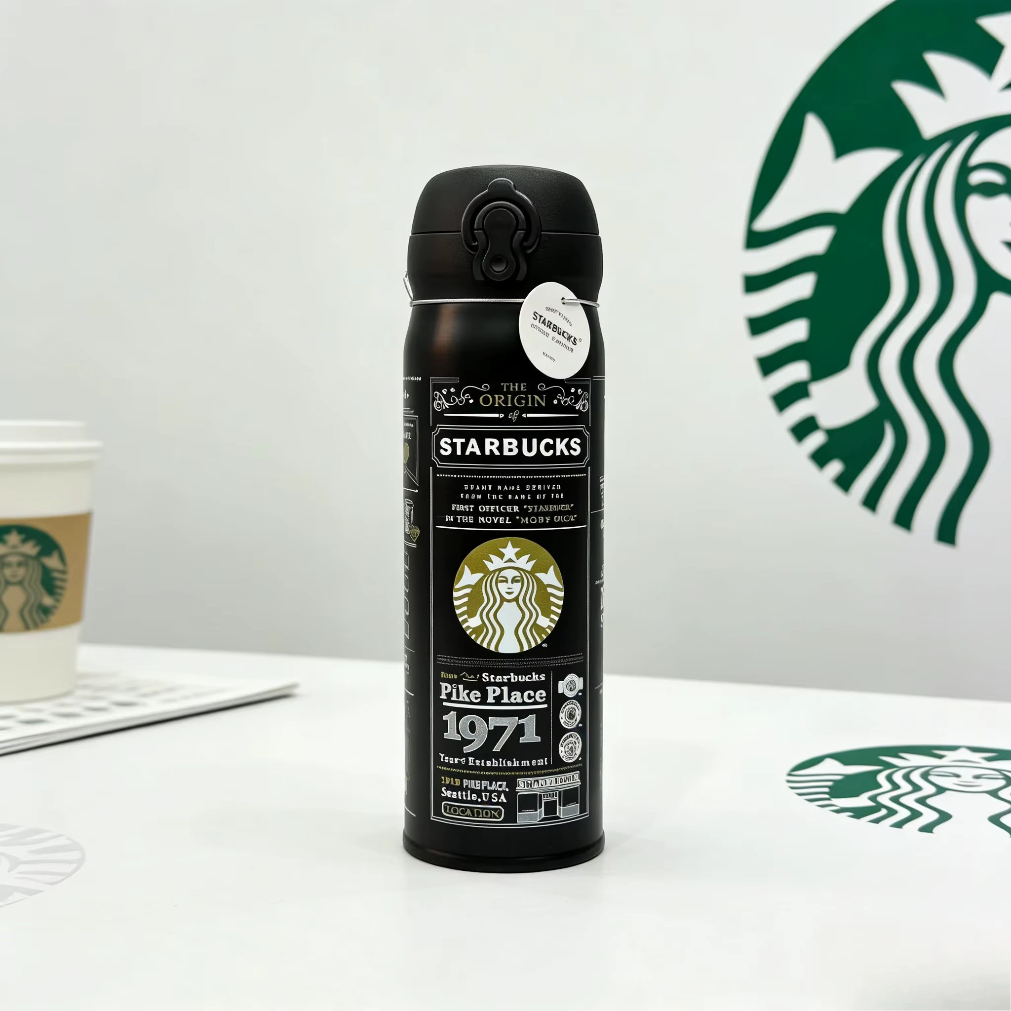Starbucks 1971 Tasse thermique rétro en acier inoxydable noir et blanc