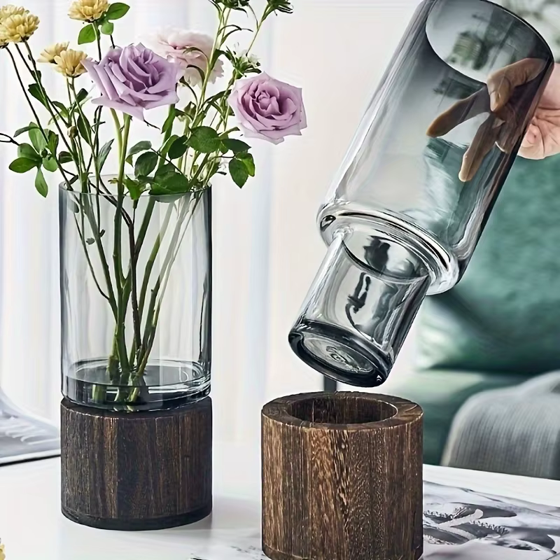 Vase en verre élégant avec Base en bois pour plantes hydroponiques