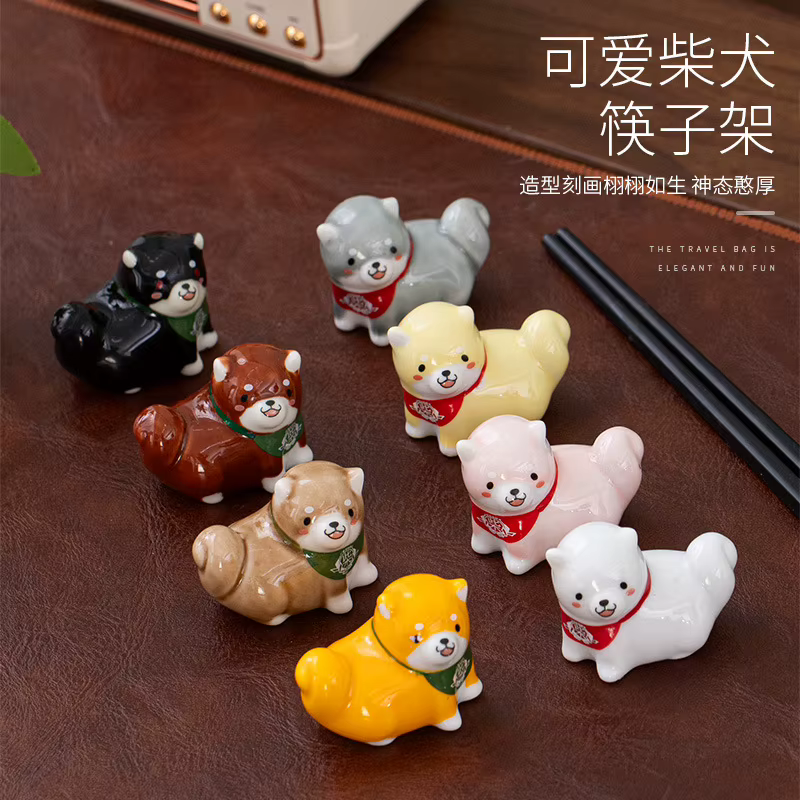 Porte-baguettes japonais Shiba Inu (1-3 pièces) – Série animale – Ornements décoratifs de table en céramique – Repose-cuillère pour la maison et la cuisine – Adorables figurines de thé