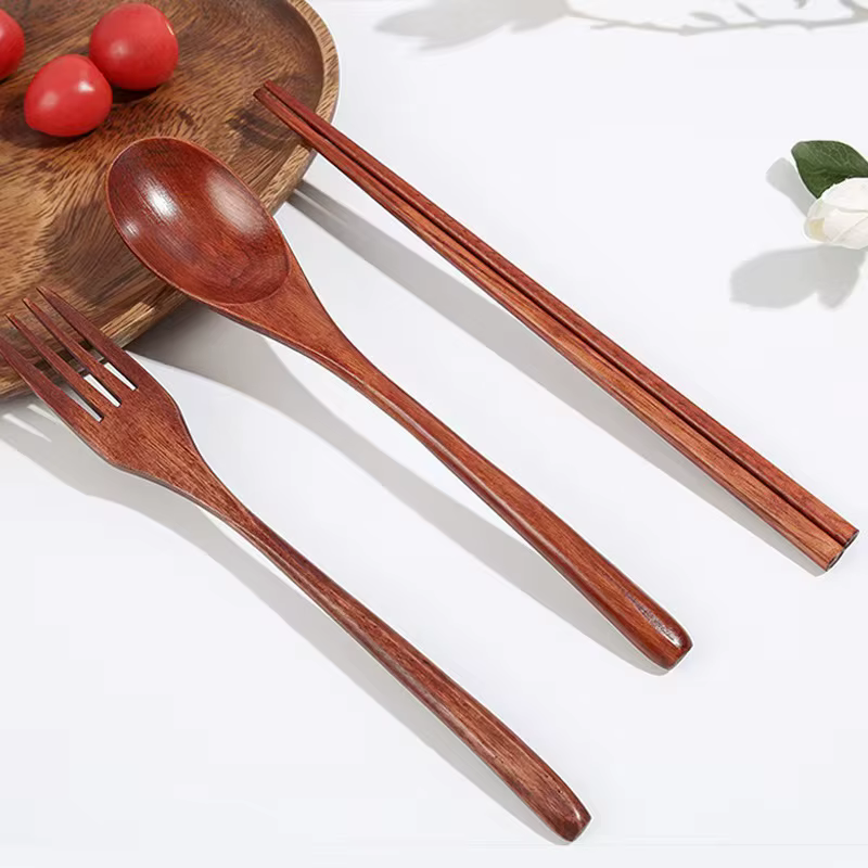 Ensemble de couverts en bois écologiques réutilisables portables-baguettes cuillère fourchette ustensiles de salle à manger durables faciles à nettoyer