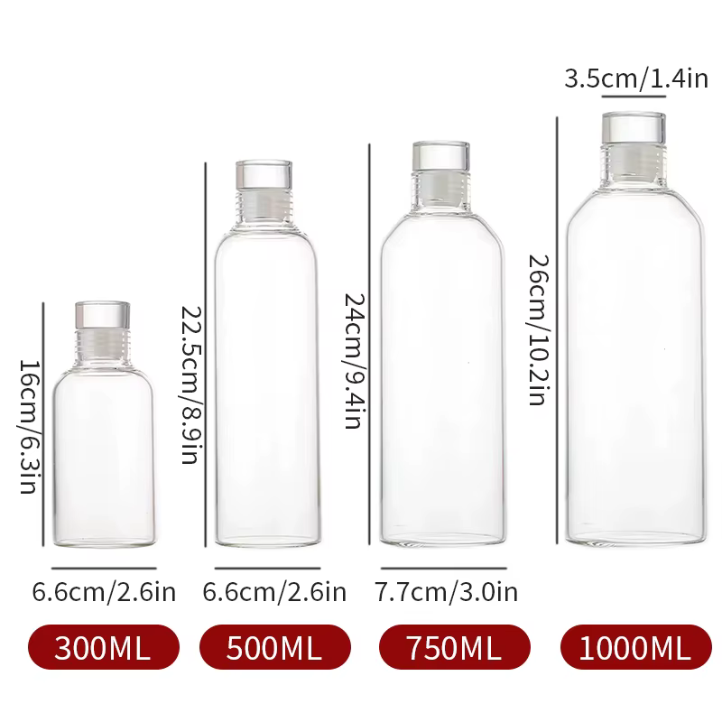 Bouteille d'eau en verre 300/500/750/1000 ml avec couvercle anti-fuite