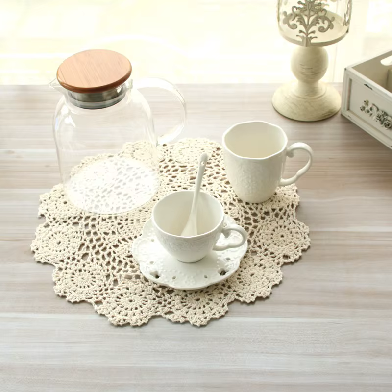 Napperon rond crocheté à la main en coton Vintage
