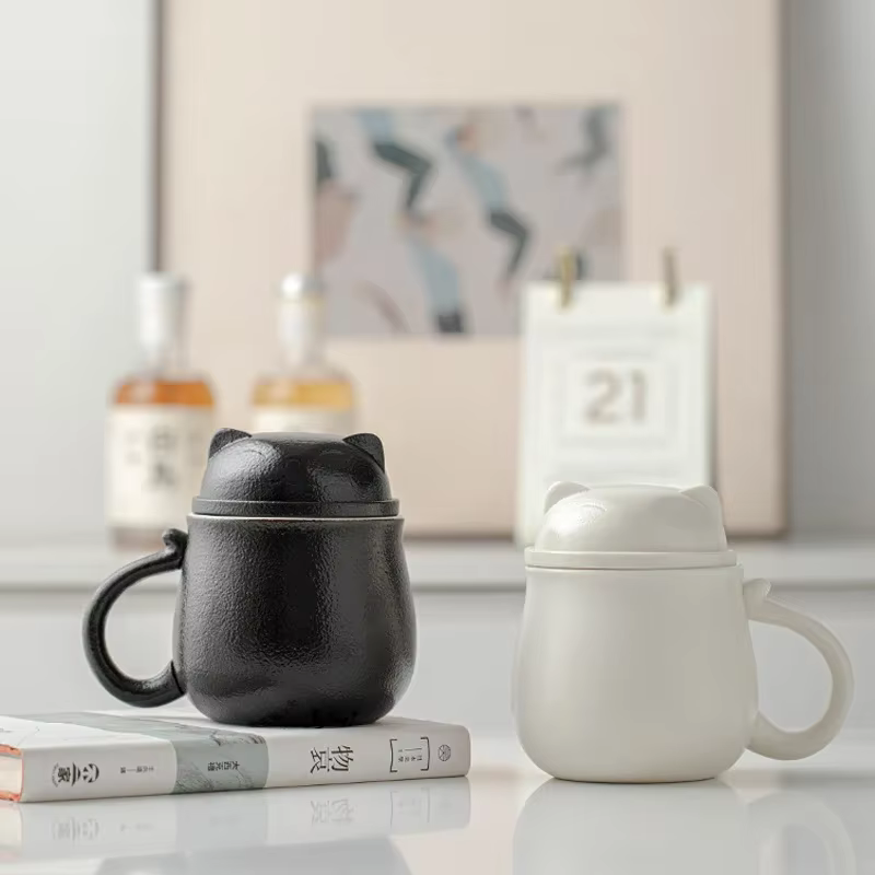 Tasse à thé chat porte-bonheur avec couvercle