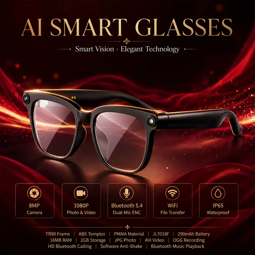 Lunettes Intelligentes IA Assistant Intelligent 2026 Nouveauté Étanche IP65 Caméra HD 800W Prise en Charge de l'Enregistrement Photo et Vidéo Fonction de Traduction IA