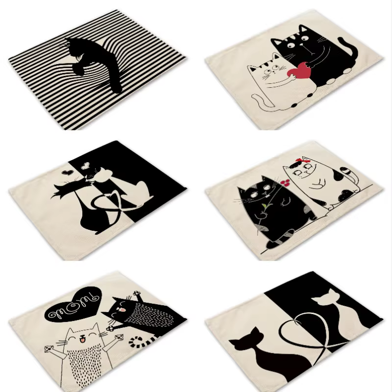 Joli set de table en lin motif chat noir, style occidental, résistant à la chaleur pour la décoration intérieure