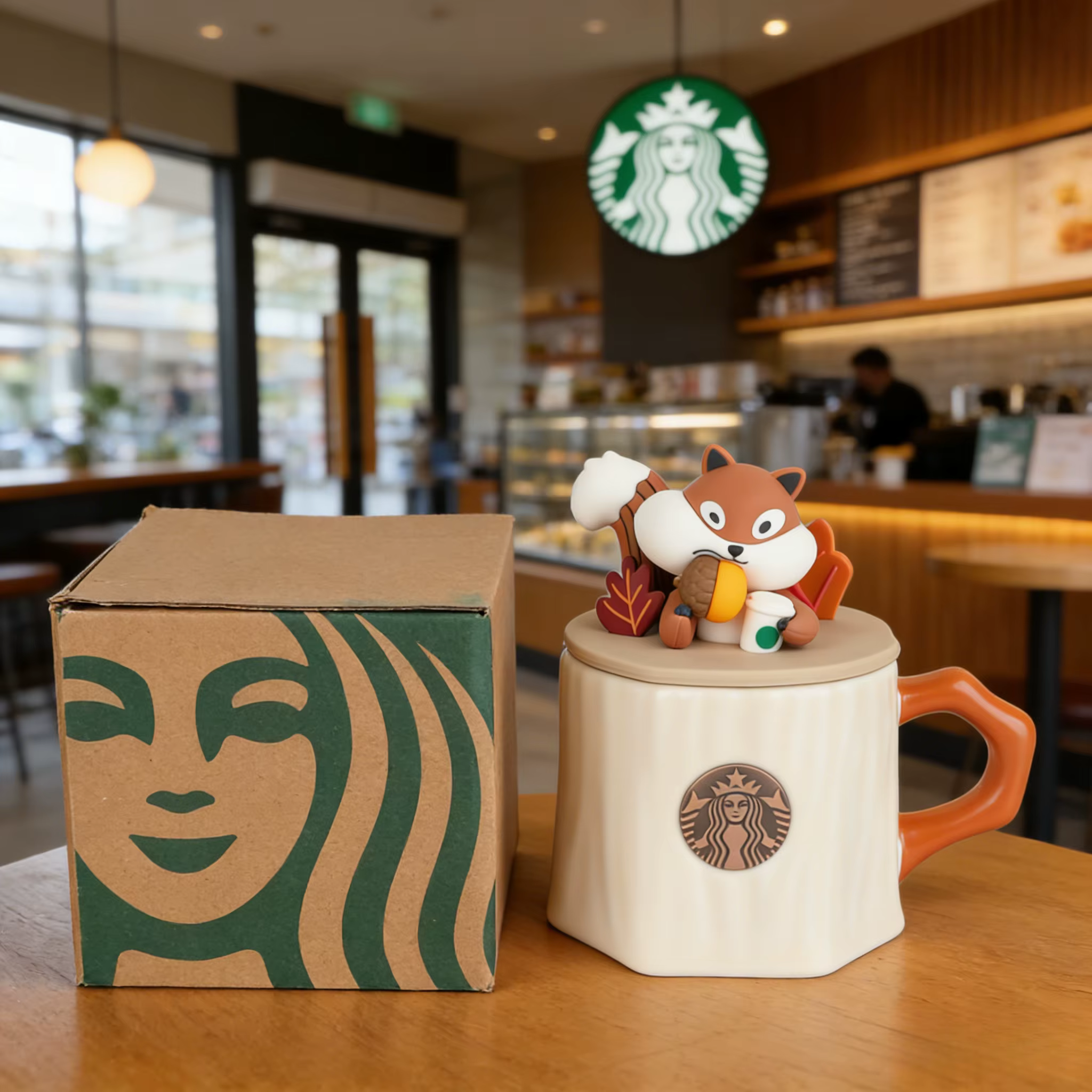 Tasse à café Starbucks en céramique en forme d'écureuil d'automne avec couvercle anti-poussière en bois pour bureau