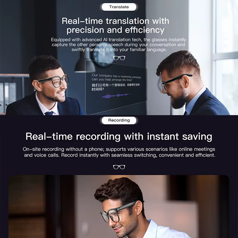 Lunettes intelligentes nouvelle technologie, assistant linguistique IA, enregistrement audio et vidéo, appel Bluetooth, traduction en temps réel, lunettes intelligentes