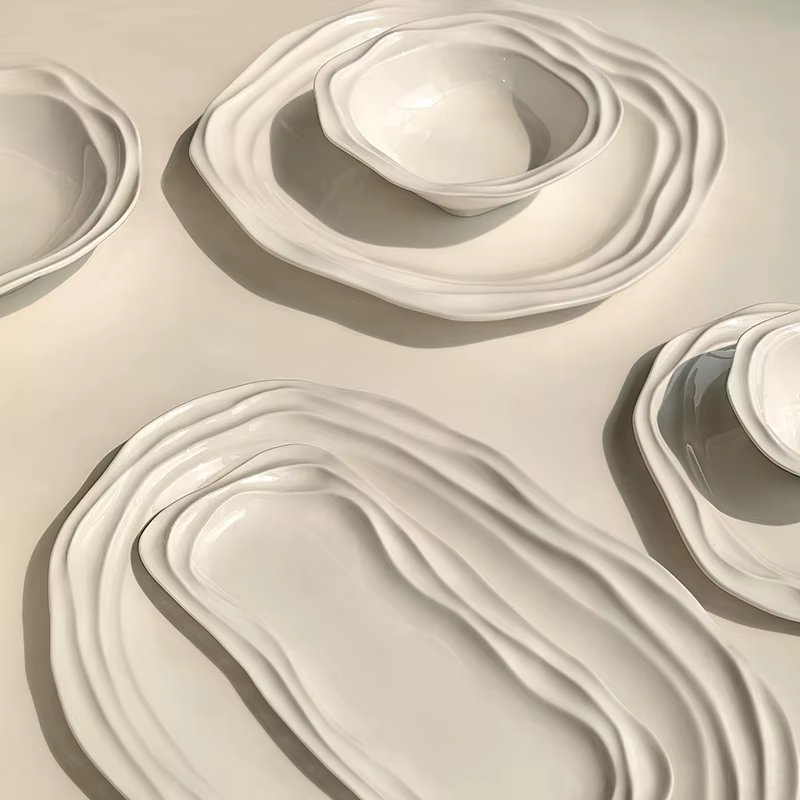 Assiettes ovales en céramique à motif ondulé français – Vaisselle de 12/10/8 pouces pour la maison