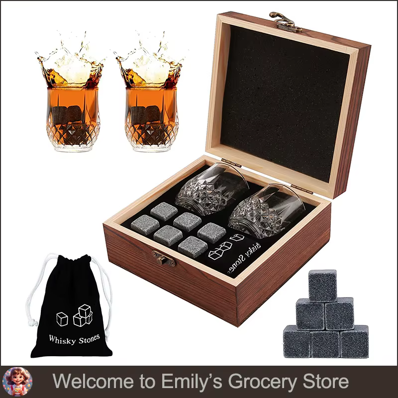 Ensemble de verres à whisky et à charbon, glaçon en granit, boîte en bois, cadeau de fête des pères, papa et mari, hommes