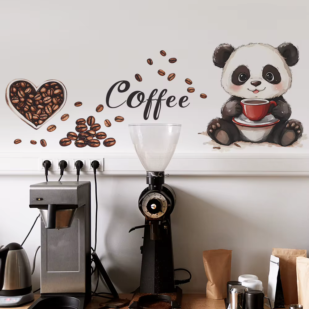 Autocollant mural de panda dessinant un panda buvant du café