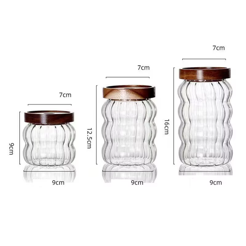 Bouteilles de rangement en verre rayé avec couvercle en bois