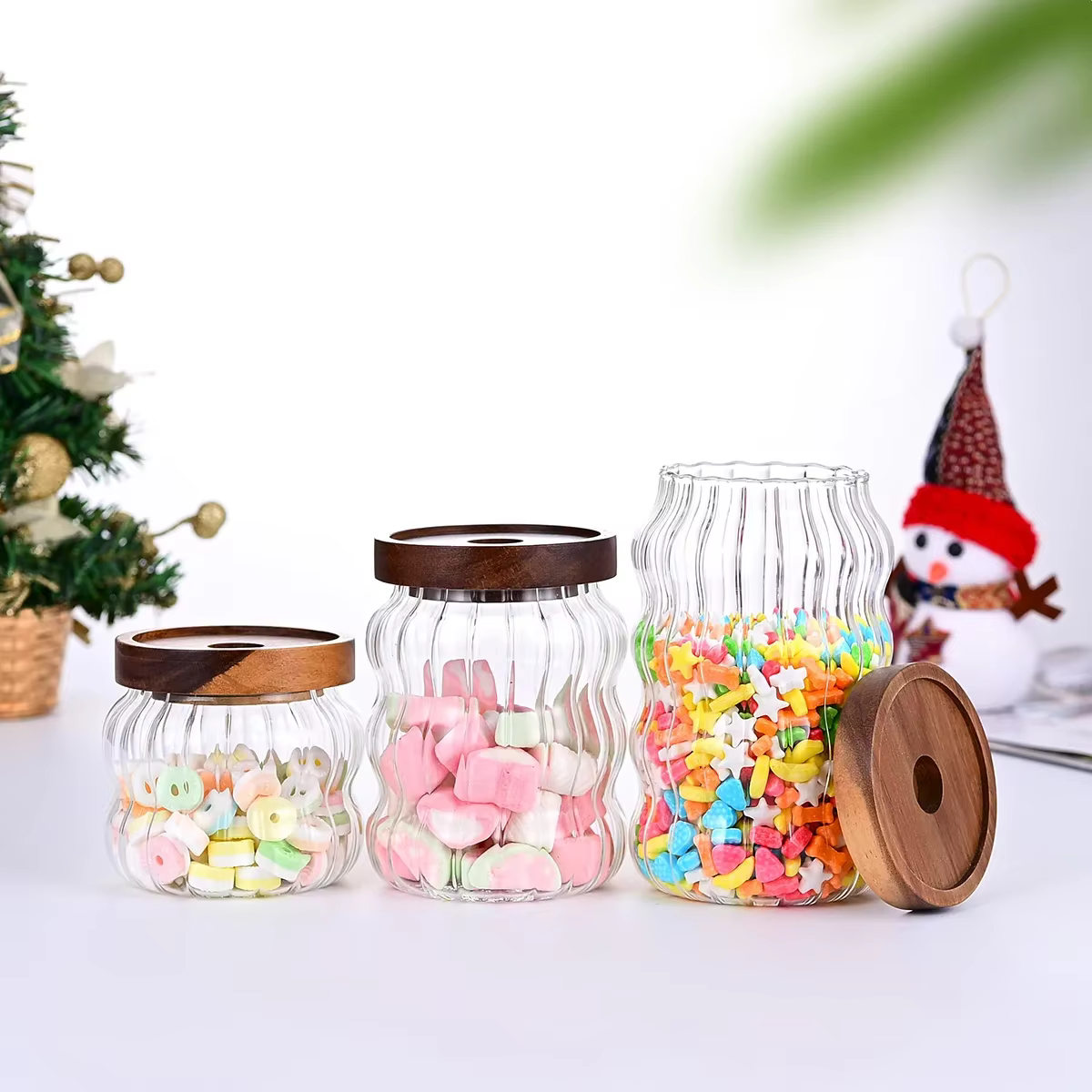 Bouteilles de rangement en verre rayé avec couvercle en bois