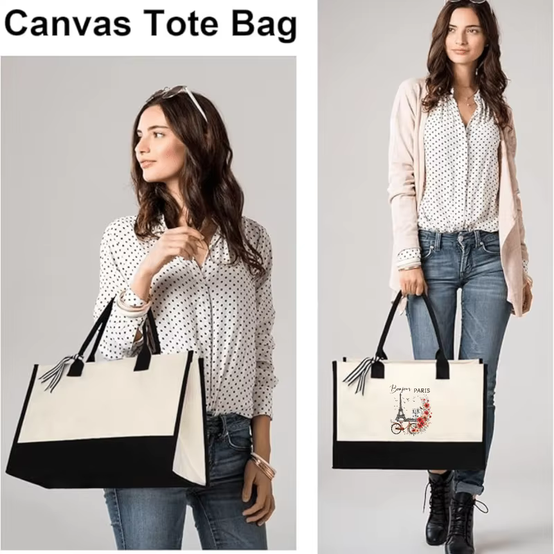 Fourre-tout en toile crème et noire avec "Bonjour Paris"