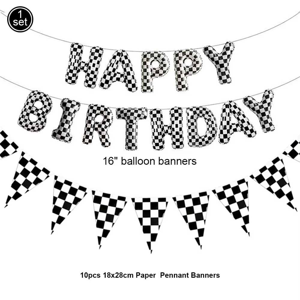 Vaisselle à carreaux noir et blanc pour la décoration de table sur le thème des sports de course, assiettes à dessert, serviettes pour voiture de course, anniversaire
