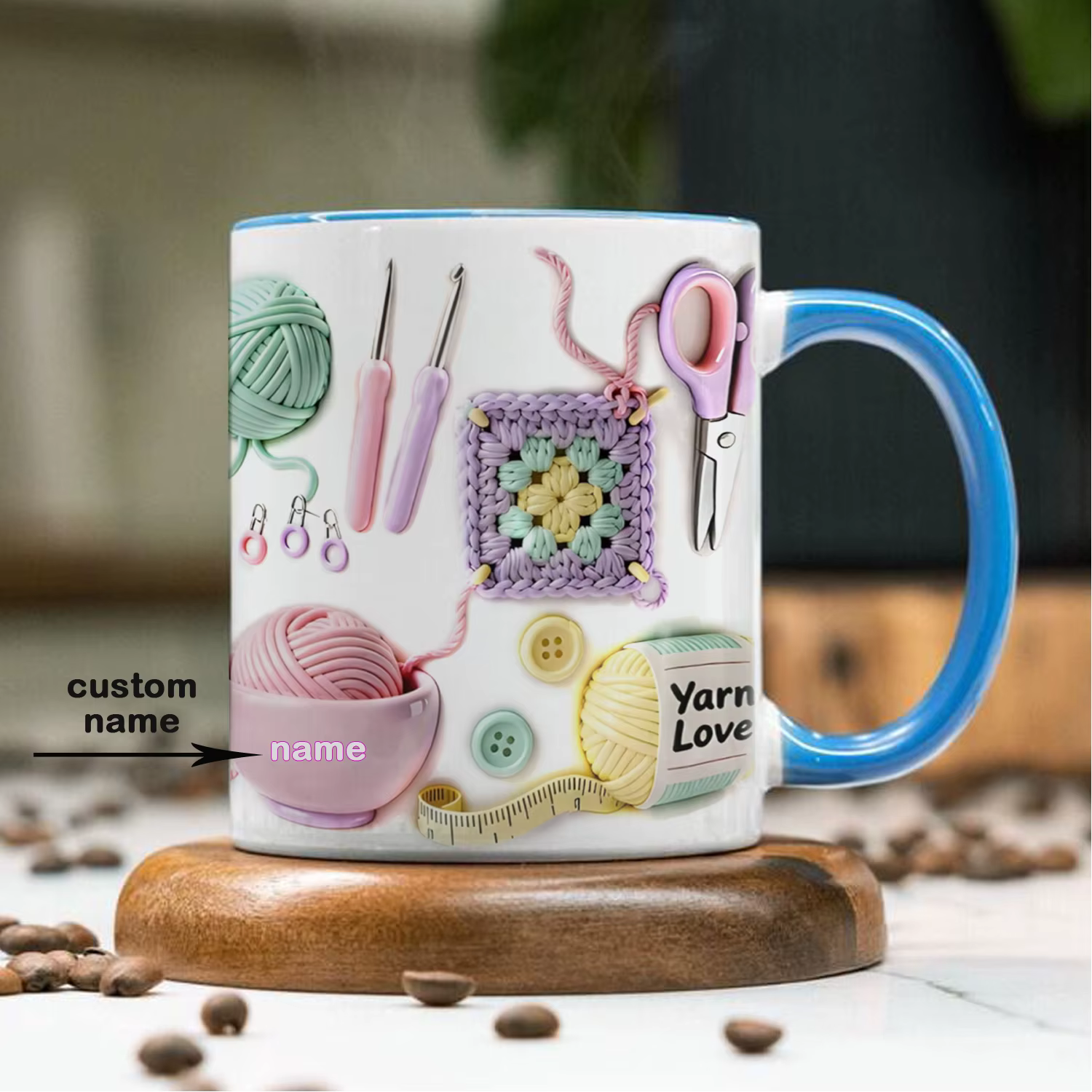 Tasse à café personnalisée avec motif tricoté - Nom gravé et logo boule de laine - Cadeau pour les artistes en fibres