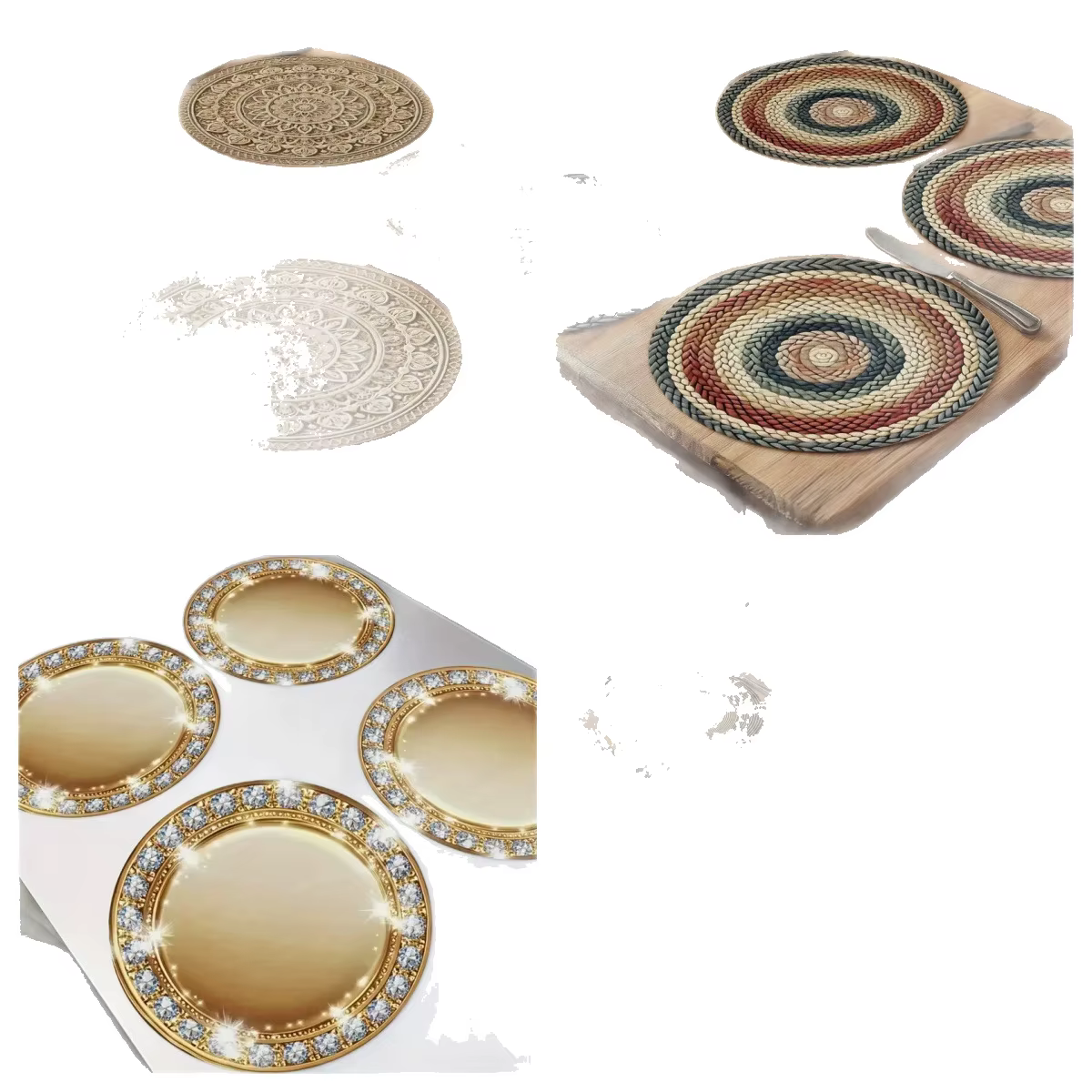 Set de table rond imprimé 2D motif diamant, style bohème, en lin
