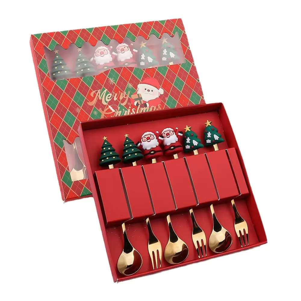 4 pièces/ensemble cadeau de noël or argent cuillère fourchette ensemble wapiti arbre