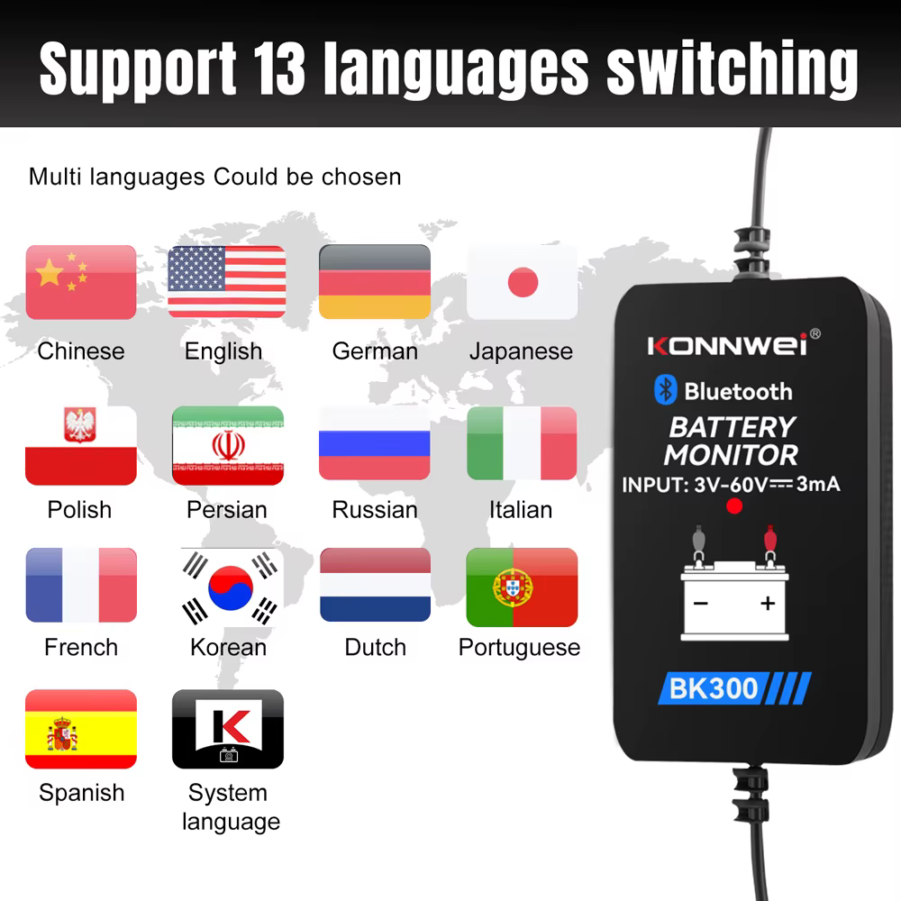 Moniteur de batterie KONNWEI BK300 BT 5.0 pour batteries de démarrage 12V/24V au plomb-acide de voitures et camions, outil d'analyse de batterie pour Android et iOS