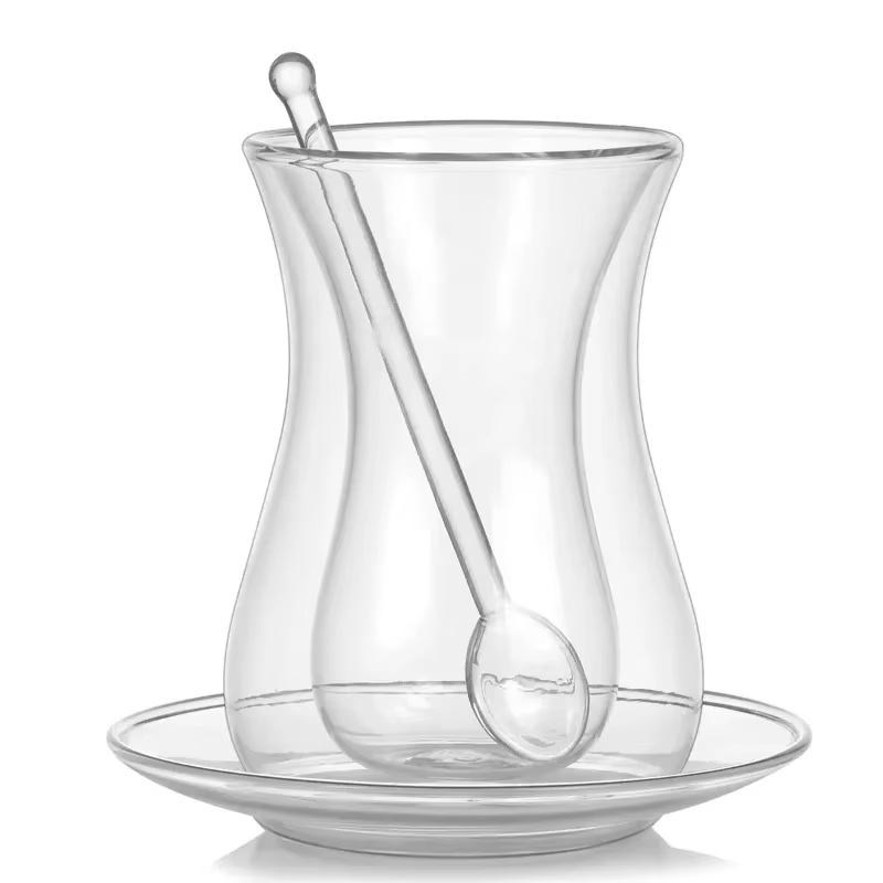 Beauté tasse à thé noir soucoupe cuillère à café ensembles turc Bohea Double paroi verre isolé thermique